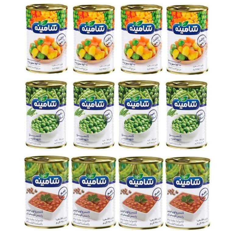 کنسرو نخود سبز، مخلوط سبزیجات، لوبیاچیتی با سس گوجه فرنگی شامینه - 350 گرم مجموعه 12 عددی - این پک شامل ۴ عدد کنسرو نخود سبز شامینه ۳۵۰ گرم، ۴ عدد کنسرو مخلوط سبزیجات شامینه ۳۵۰ گرم، ۴ عدد کنسرو لوبیاچیتی با سس گوجه فرنگی شامینه ۳۵۰ می باشد.