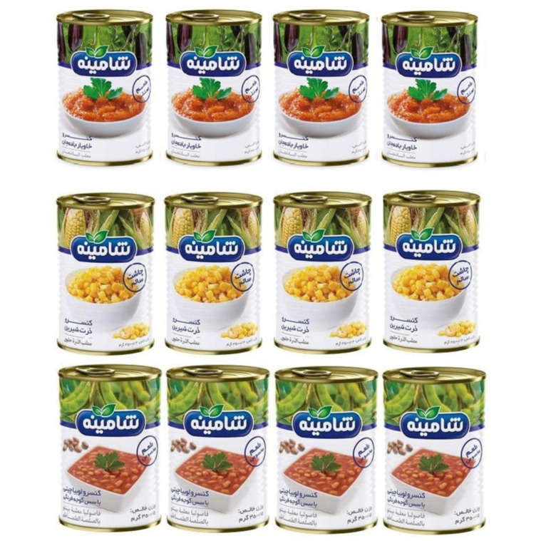 کنسرو خاویار بادمجان ، ذرت شیرین، لوبیاچیتی با سس گوجه فرنگی شامینه - 350 گرم مجموعه 12 عددی - این پک شامل ۴ عدد کنسرو خاویار بادمجان شامینه ۳۵۰ گرم، ۴ عدد کنسرو ذرت شیرین شامینه ۳۵۰ گرم و ۴ عدد کنسرو لوبیاچیتی با سس گوجه فرنگی شامینه ۳۵۰ می باشد.